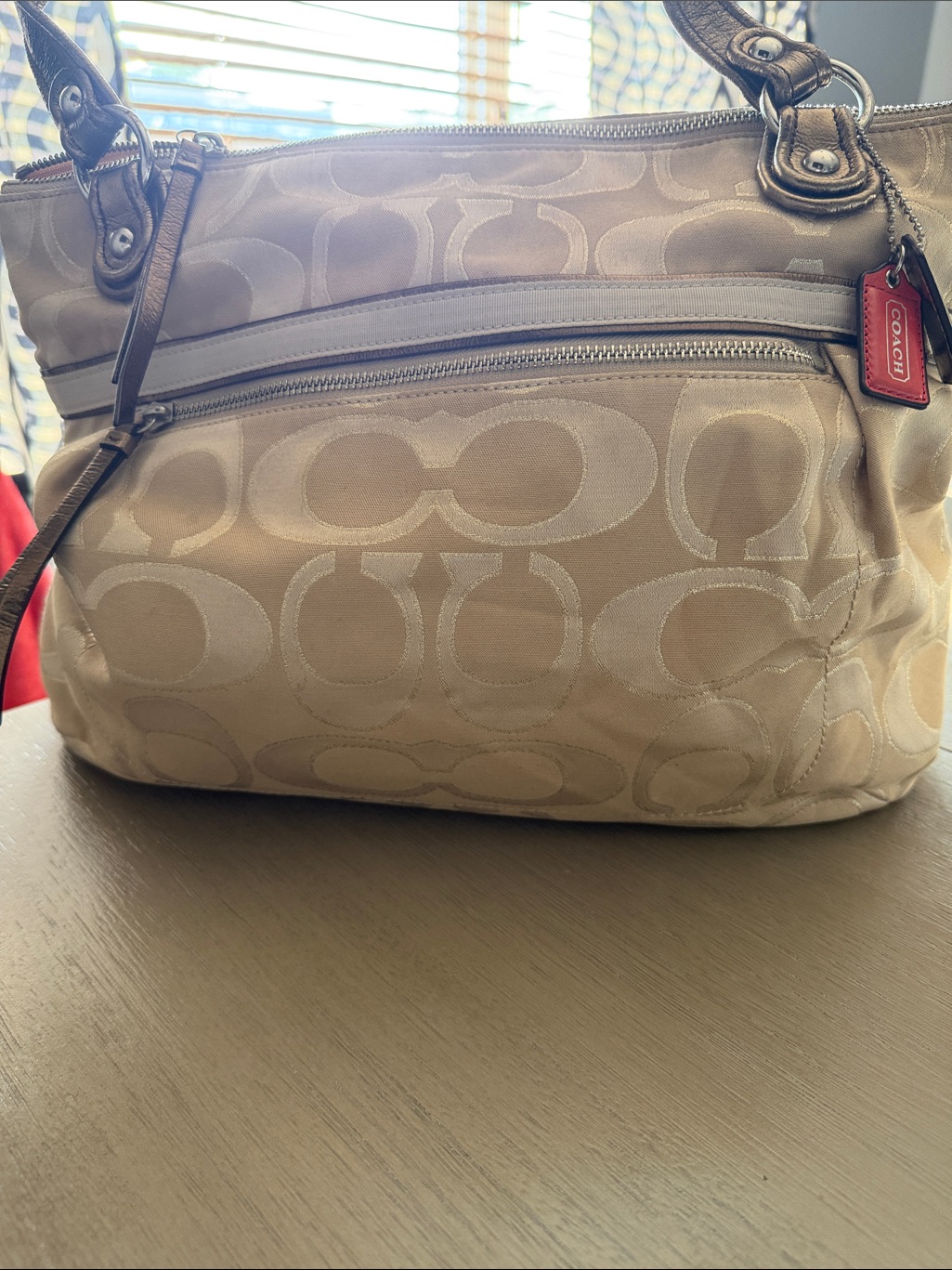 Coach Beige Monogram Tote With Red Hang Tag
